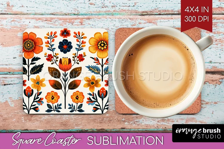 Folk Flowers Square Coaster - Floral Folk Coaster PNG