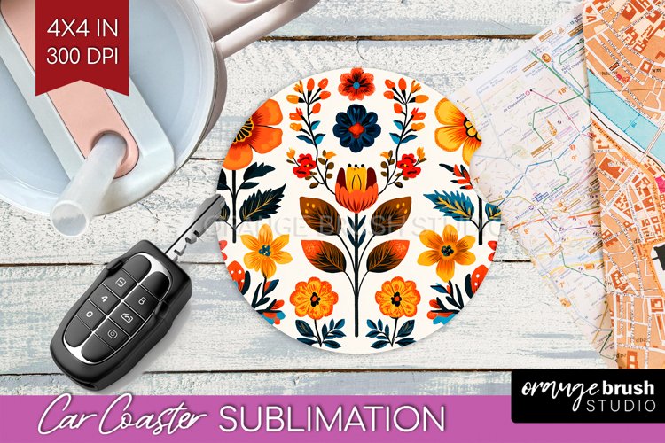 Folk Flowers Car Coaster - Floral Folk Coaster PNG