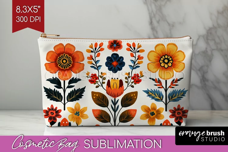 Folk Flowers Cosmetic Bag - Floral Folk Makeup Bag PNG