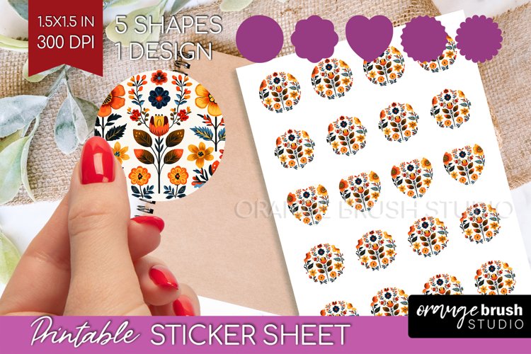 Folk Flowers Round Sticker - Floral Folk Printable Sticker example image 1