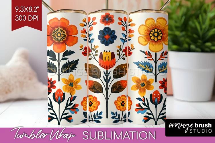 Folk Flowers Tumbler Wrap - Floral Folk Tumbler PNG