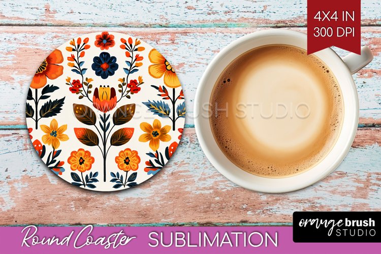 Folk Flowers Round Coaster - Floral Folk Coaster PNG