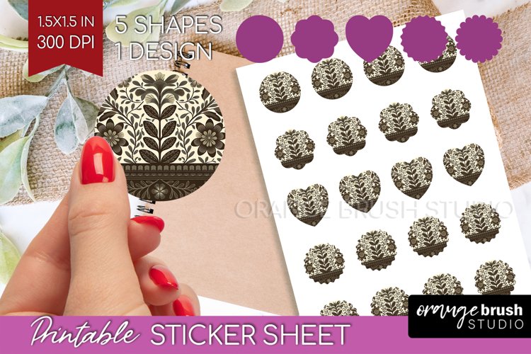Folk Flowers Round Sticker - Floral Folk Printable Sticker example image 1