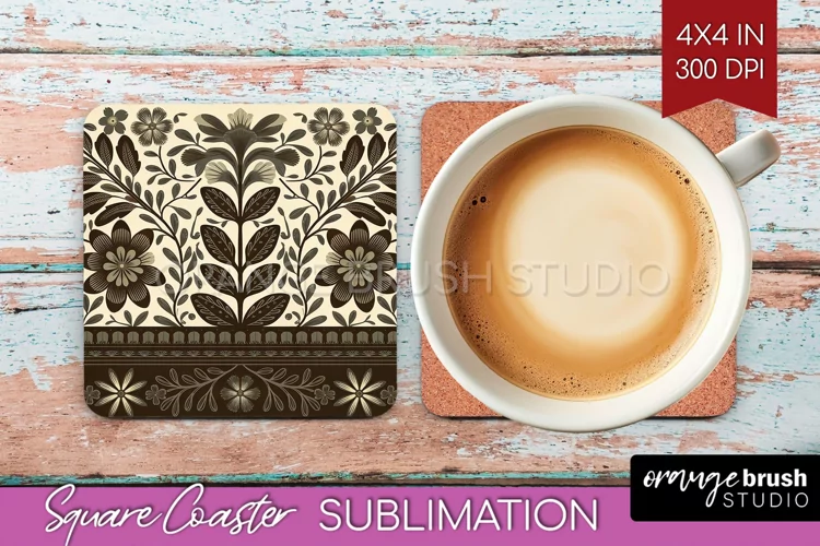 Folk Flowers Square Coaster - Floral Folk Coaster PNG
