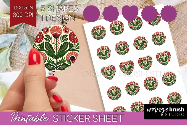 Folk Flowers Round Sticker - Floral Folk Printable Sticker
