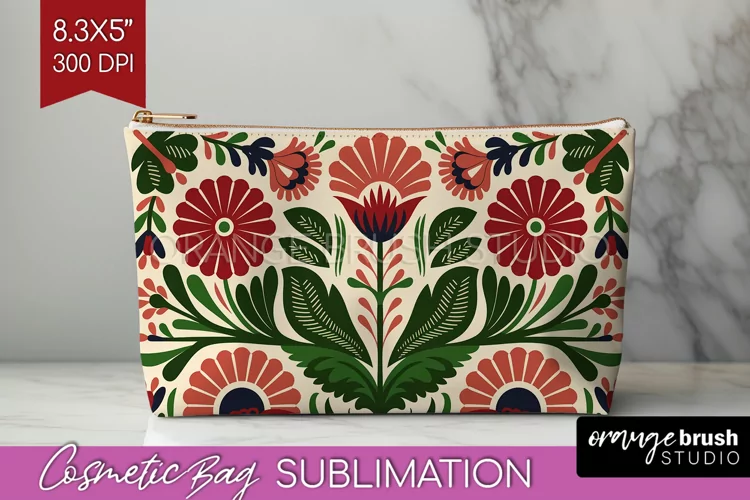 Folk Flowers Cosmetic Bag - Floral Folk Makeup Bag PNG
