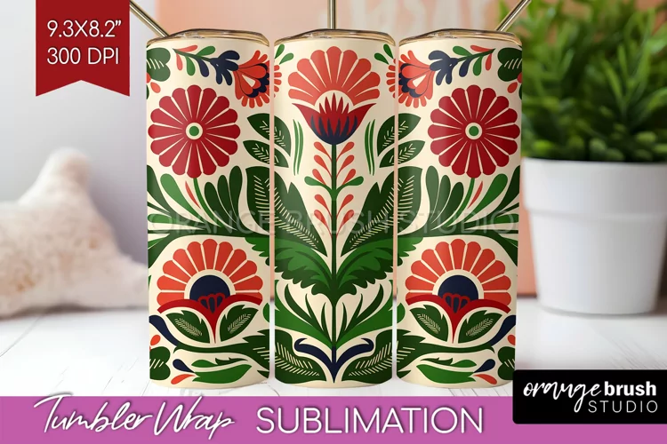 Folk Flowers Tumbler Wrap - Floral Folk Tumbler PNG