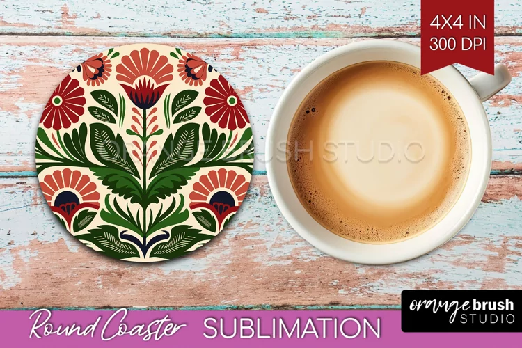 Folk Flowers Round Coaster - Floral Folk Coaster PNG