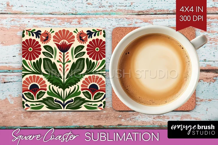 Folk Flowers Square Coaster - Floral Folk Coaster PNG