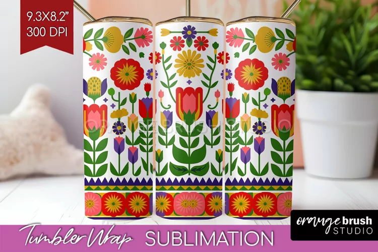 Folk Flowers Tumbler Wrap - Floral Folk Tumbler PNG