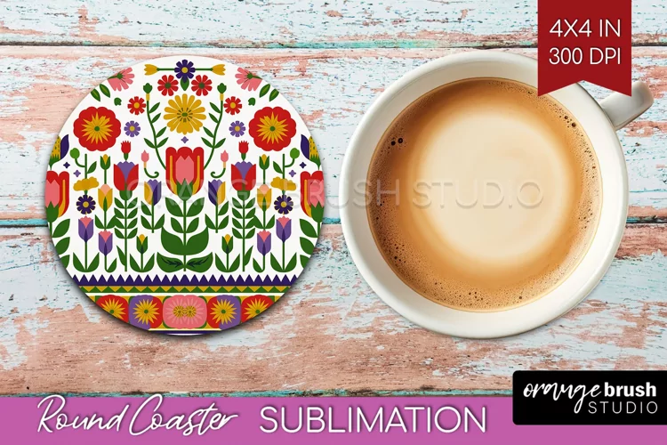 Folk Flowers Round Coaster - Floral Folk Coaster PNG