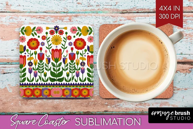 Folk Flowers Square Coaster - Floral Folk Coaster PNG