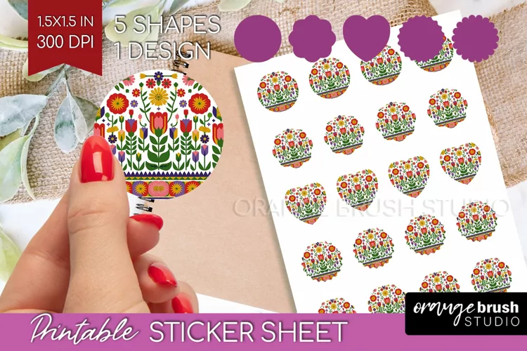 Folk Flowers Round Sticker - Floral Folk Printable Sticker