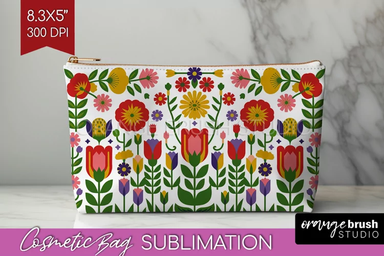 Folk Flowers Cosmetic Bag - Floral Folk Makeup Bag PNG