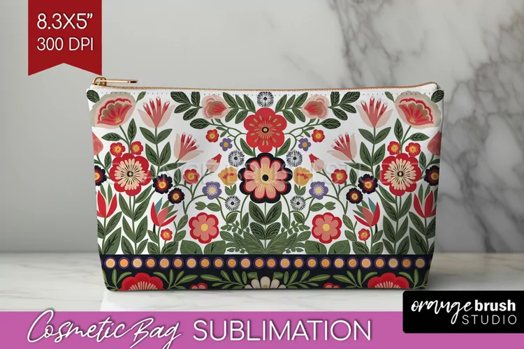 Folk Flowers Cosmetic Bag - Floral Folk Makeup Bag PNG