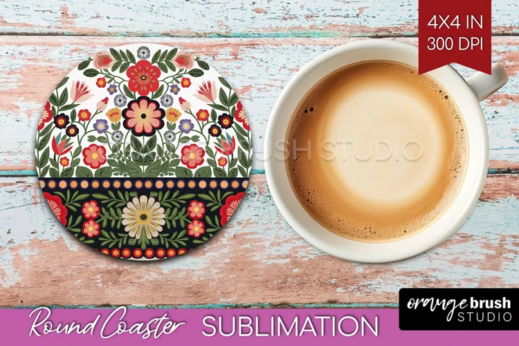 Folk Flowers Round Coaster - Floral Folk Coaster PNG