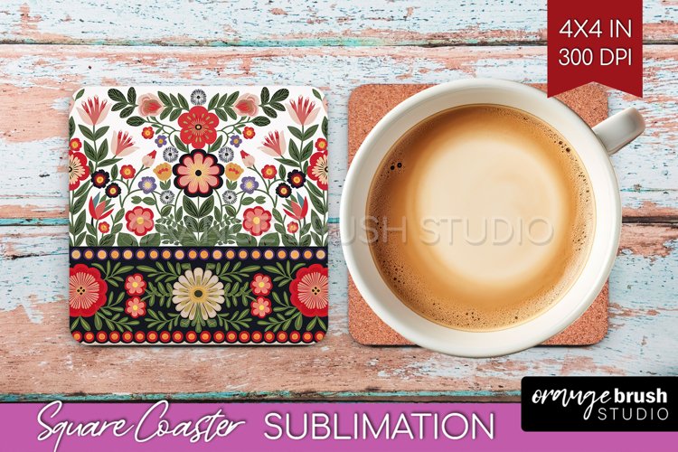 Folk Flowers Square Coaster - Floral Folk Coaster PNG example image 1