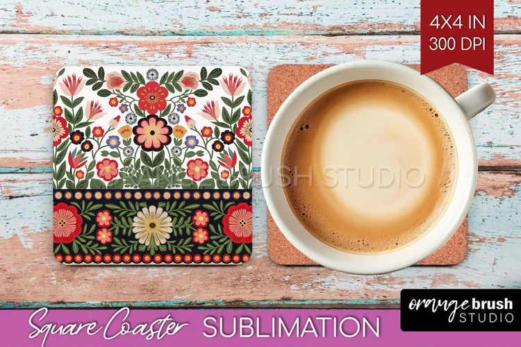 Folk Flowers Square Coaster - Floral Folk Coaster PNG
