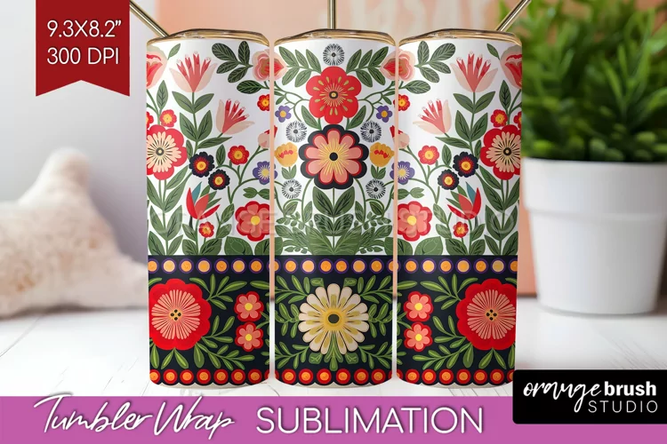 Folk Flowers Tumbler Wrap - Floral Folk Tumbler PNG