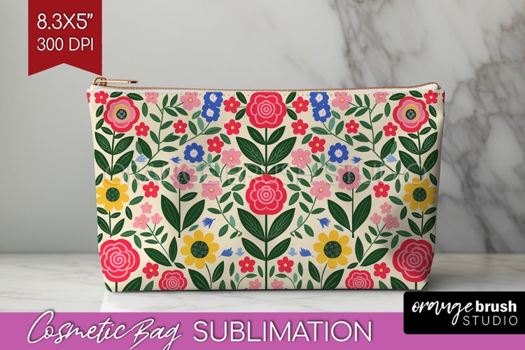 Folk Flowers Cosmetic Bag - Floral Folk Makeup Bag PNG example image 1