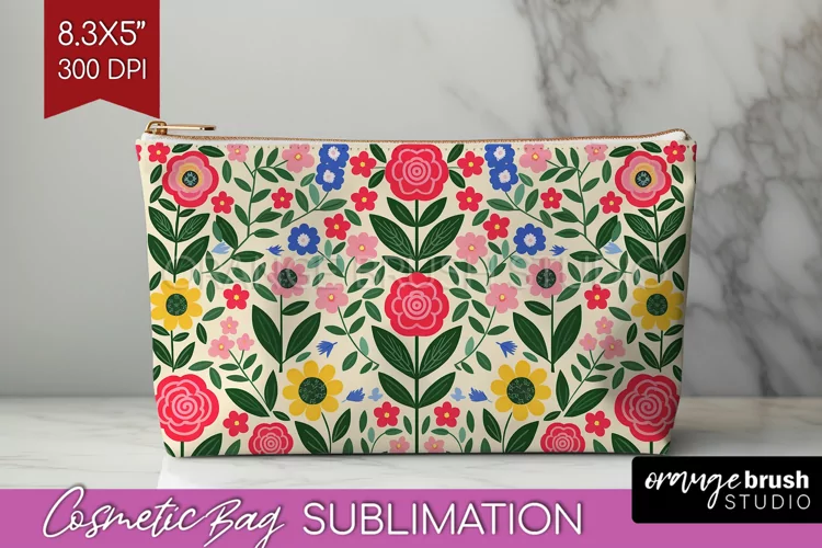Folk Flowers Cosmetic Bag - Floral Folk Makeup Bag PNG