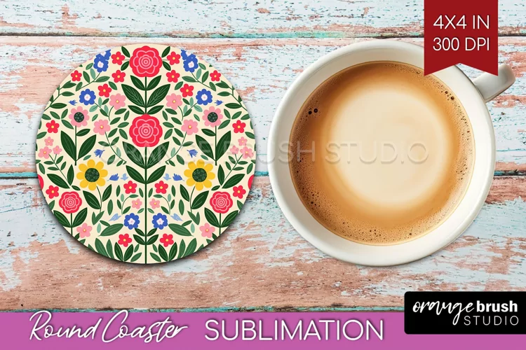 Folk Flowers Round Coaster - Floral Folk Coaster PNG