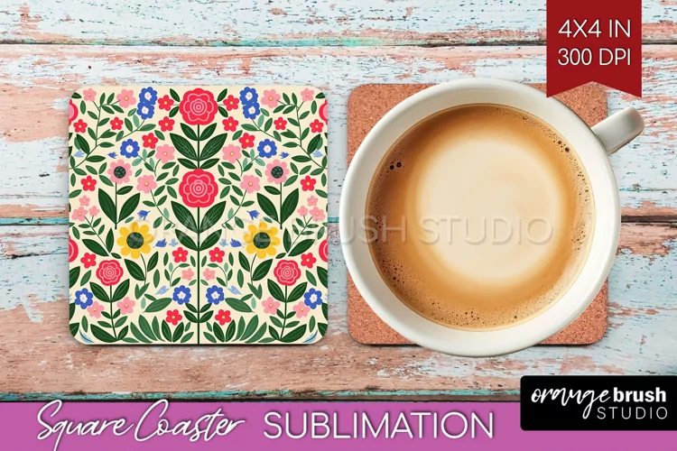 Folk Flowers Square Coaster - Floral Folk Coaster PNG