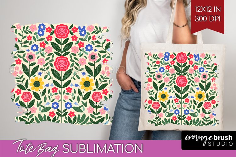 Folk Flowers Tote Bag - Floral Folk Tote Bag PNG Sublimation