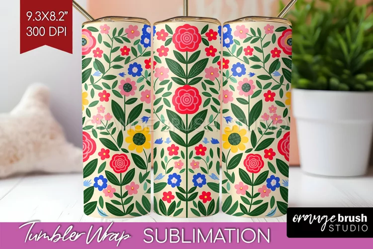 Folk Flowers Tumbler Wrap - Floral Folk Tumbler PNG