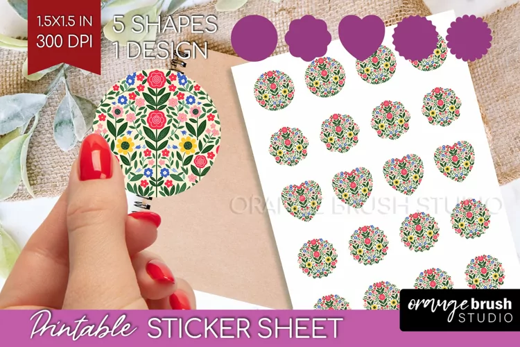 Folk Flowers Round Sticker - Floral Folk Printable Sticker