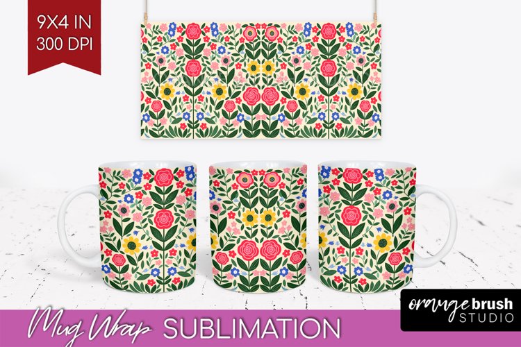Folk Flowers Mug Wrap - Floral Folk Mug PNG Sublimation