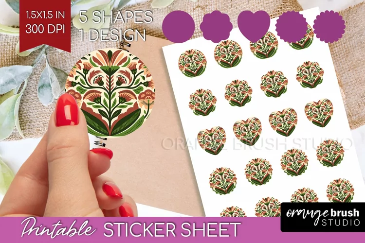 Folk Flowers Round Sticker - Floral Folk Printable Sticker