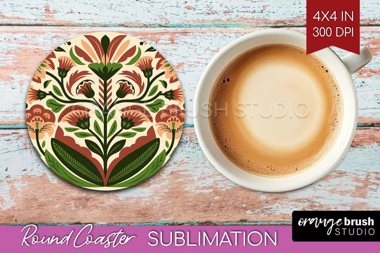 Folk Flowers Round Coaster - Floral Folk Coaster PNG