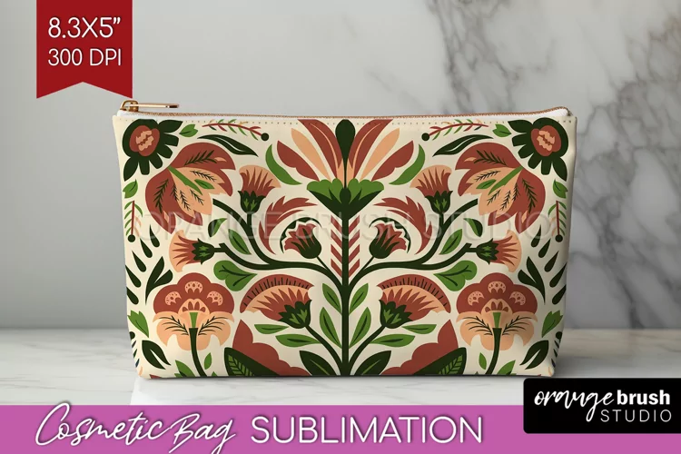 Folk Flowers Cosmetic Bag - Floral Folk Makeup Bag PNG