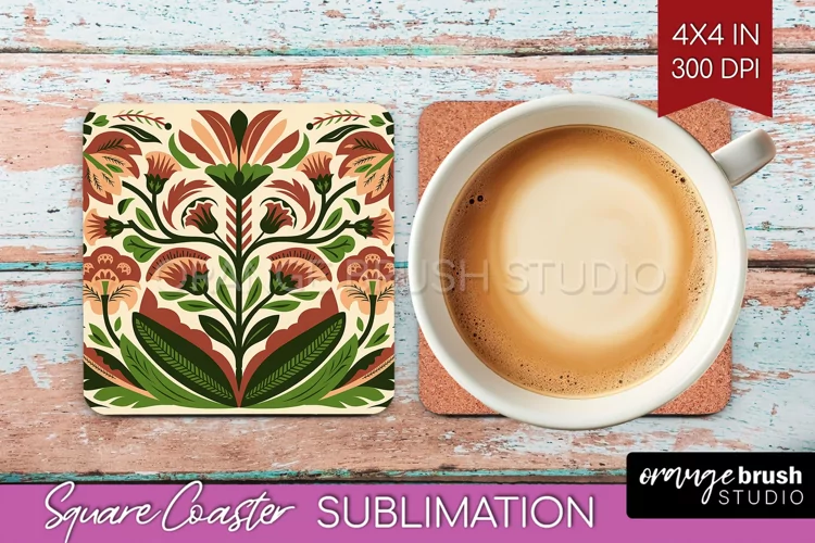 Folk Flowers Square Coaster - Floral Folk Coaster PNG