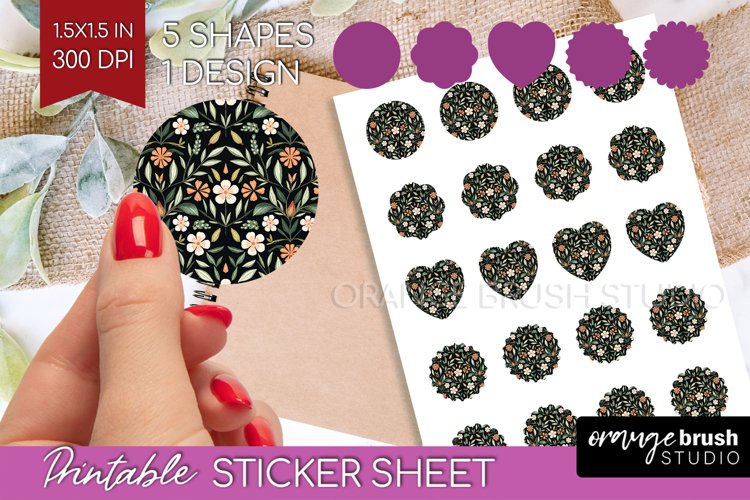 Folk Flowers Round Sticker - Floral Folk Printable Sticker example image 1