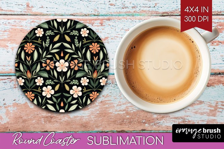 Folk Flowers Round Coaster - Floral Folk Coaster PNG example image 1