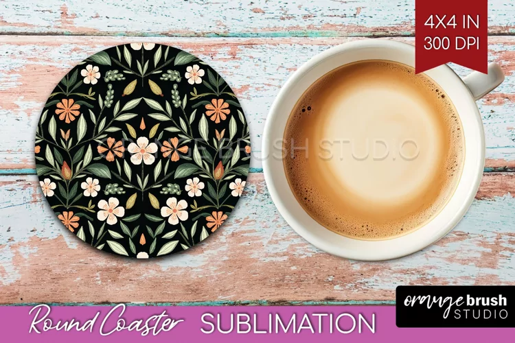 Folk Flowers Round Coaster - Floral Folk Coaster PNG