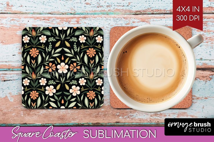 Folk Flowers Square Coaster - Floral Folk Coaster PNG example image 1