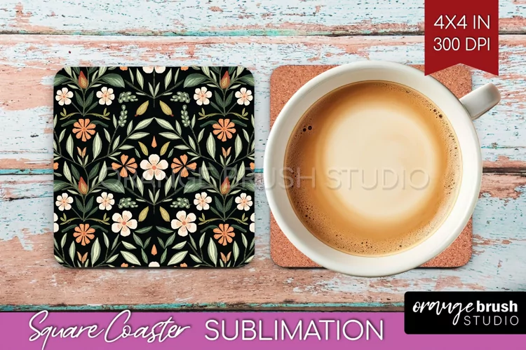 Folk Flowers Square Coaster - Floral Folk Coaster PNG