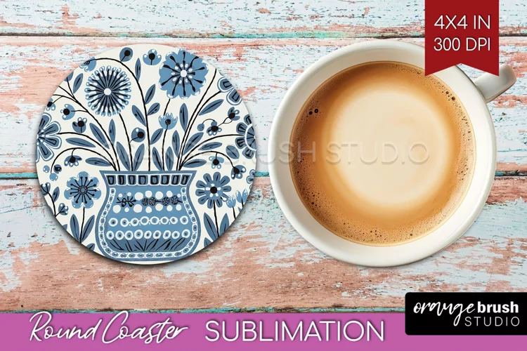 Folk Flowers Round Coaster - Floral Folk Coaster PNG