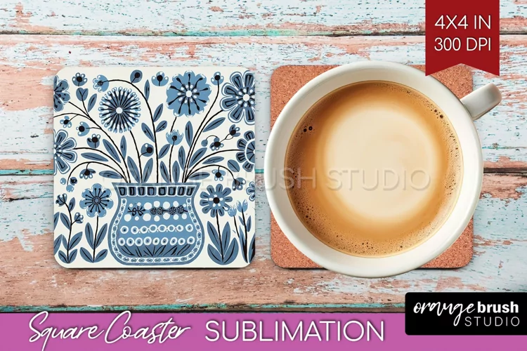 Folk Flowers Square Coaster - Floral Folk Coaster PNG
