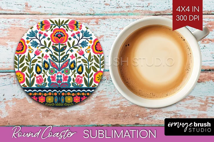 Folk Flowers Round Coaster - Floral Folk Coaster PNG