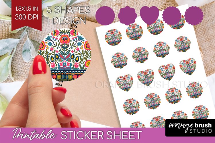 Folk Flowers Round Sticker - Floral Folk Printable Sticker example image 1