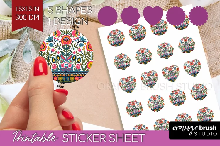 Folk Flowers Round Sticker - Floral Folk Printable Sticker