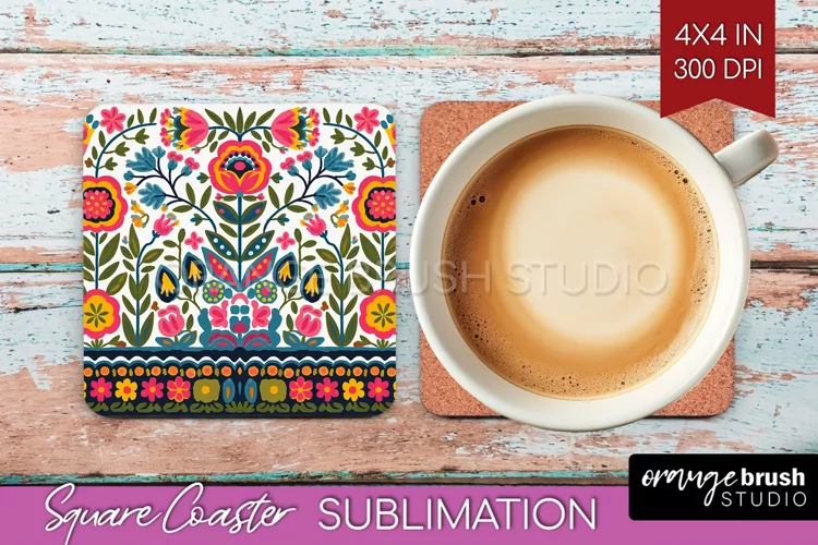 Folk Flowers Square Coaster - Floral Folk Coaster PNG