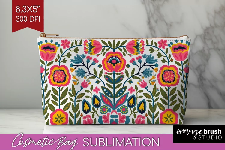 Folk Flowers Cosmetic Bag - Floral Folk Makeup Bag PNG