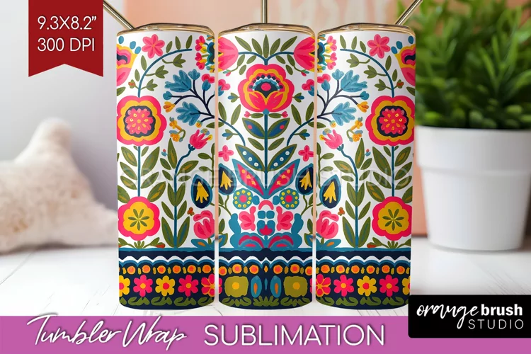 Folk Flowers Tumbler Wrap - Floral Folk Tumbler PNG