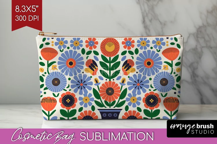 Folk Flowers Cosmetic Bag - Floral Folk Makeup Bag PNG