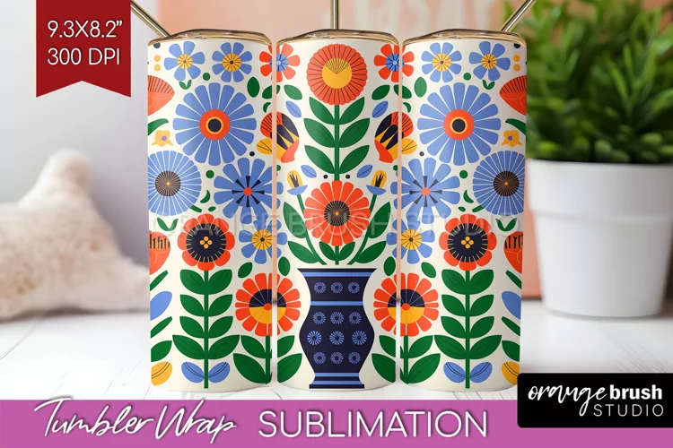 Folk Flowers Tumbler Wrap - Floral Folk Tumbler PNG